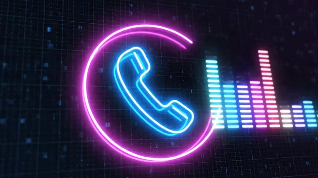 Vibrant neon phone icon with sound wave bars on dark grid background with blue dots