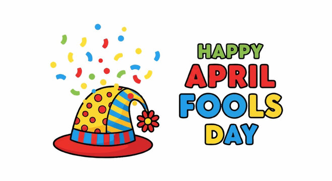 Colorful party hat with confetti and happy april fools day text on white background celebrating prank and joke holiday