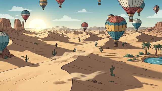 Hot Air Balloons Soaring Over a Vibrant Desert Landscape at Sunrise.