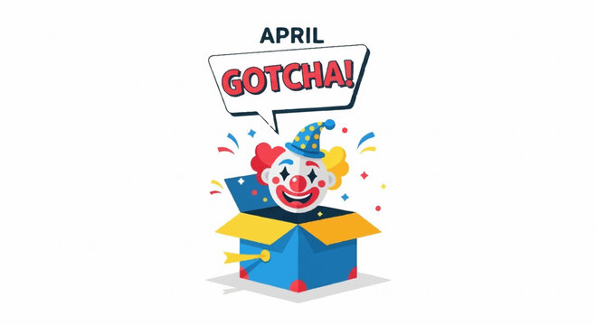 Surprised clown popping out of colorful box with april fools' day message and confetti