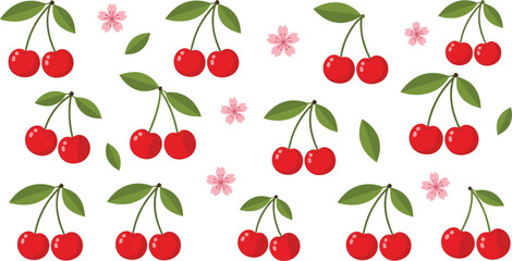 Cherry fruit pattern with leaves and blossom flowers. Cute red cherries collection. Fresh summer berry illustration set for textile, wallpaper and decorative design. © HELEN QUEEN
