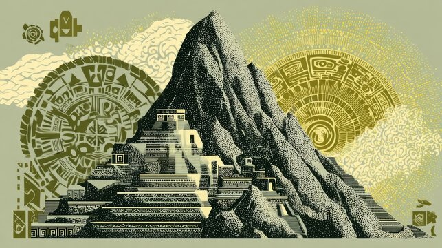 Mystical Aztec Pyramid and Mountain with Ancient Symbols in Intricate Artistic Design