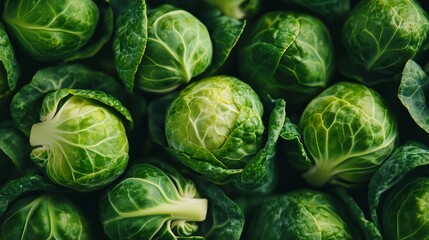 Fototapeta premium A Vibrant Display of Fresh Brussels Sprouts Arranged Beautifully on a Rustic Wooden Table Surface
