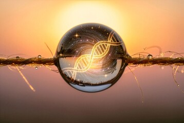 Obraz premium Glowing DNA Helix Reflected in Water Droplet on Textured Strand at Sunset, Scientific Concept.