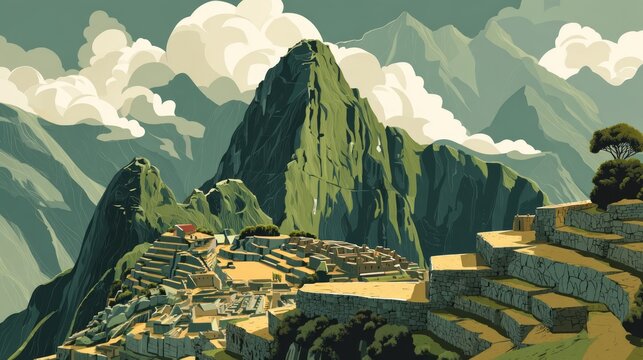 Majestic Machu Picchu: Ancient Inca Citadel Amidst the Andes Mountains, Bathed in Soft Sunlight
