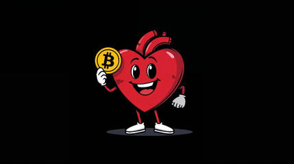 Fototapeta premium a cartoon red heart character hold bitcoin on black background