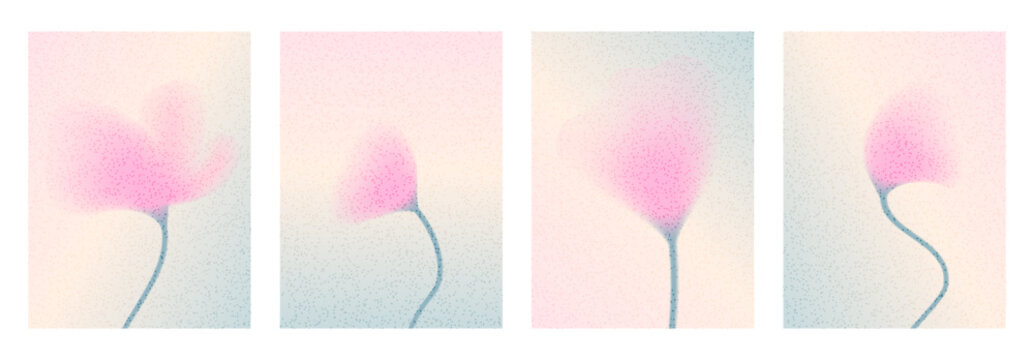 Grain soft flower gradation background set. Banners template with pink floral gradient on abstract botanical ombre. Grainy tulip with soft blur for spring invitation collection. Vector trendy posters.