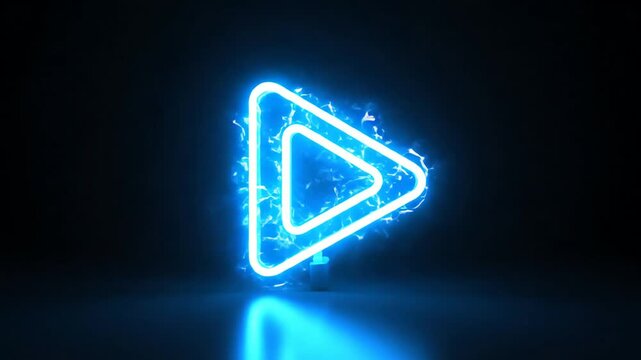 Glowing blue play button icon shines brightly on dark background with reflection