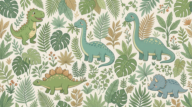 Colorful Dinosaur Pattern with Extinct Reptiles and Tropical Foliage