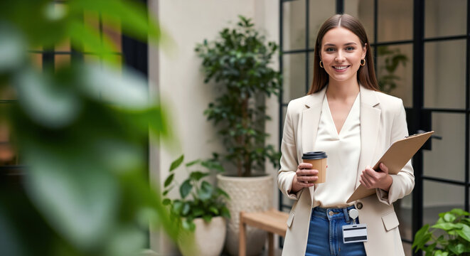 Clipboard holding office employee with coffee cup standing in workplace corridor, female staff member ready for document review visitor check in or daily administration support at reception
