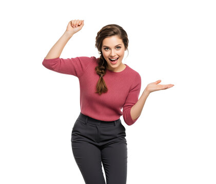 Raised fist and open palm gesture in a cutout portrait of a woman, female presenter showing empty space for promotional message, offer or sales announcement on transparent background