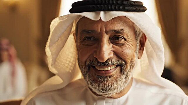 Older Arab man wearing traditional white thobe and ghutra showing a happy smile during a conversation. Middle Eastern male portrait celebrating cultural heritage.