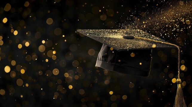 Black graduation cap floating with golden glitter bokeh, on a dark background