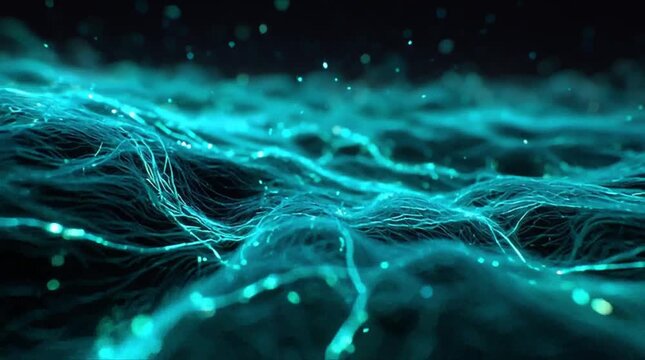 Abstract futuristic neural network with glowing cyan light trails representing global data processing and artificial intelligence (AI Generated)