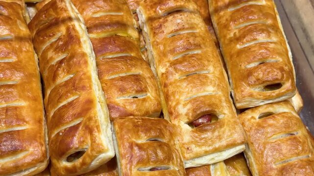 Golden baked puff pastry rolls displayed in a bakery