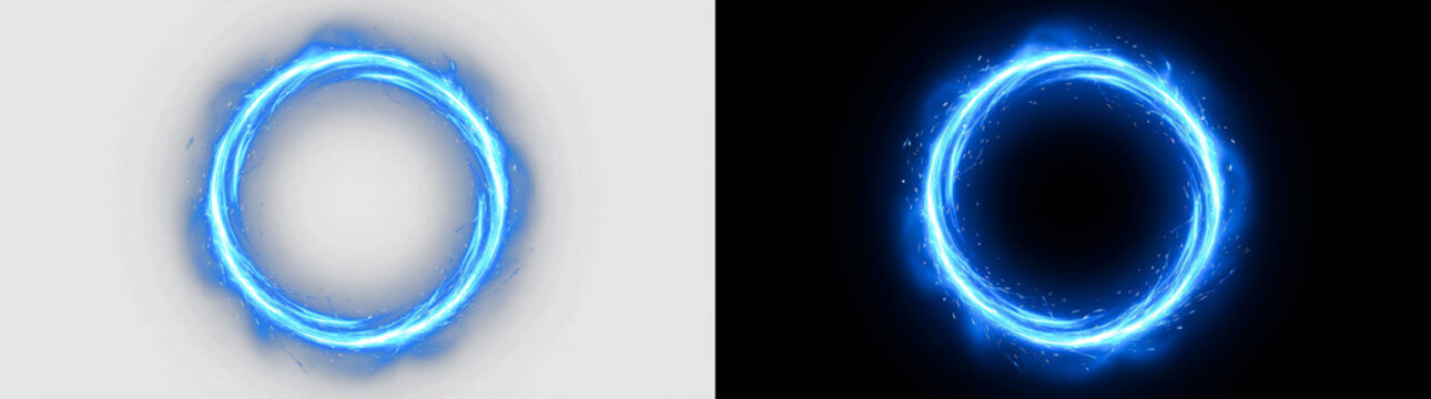 Blue electric neon plasma ring, glowing circle arc with smooth energy discharge, sci-fi portal shield halo, transparent PNG background, perfect for technology, gaming, sci-fi, and VFX design overlays
