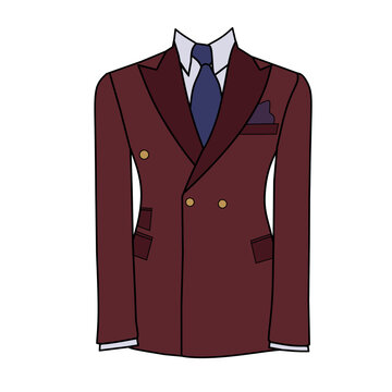 Vector illustration of a dark brown tuxedo suit with a blue tie on a white background.