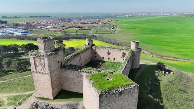 Aerial panoramic drone orbit around medieval Castle of Barcience Toledo Spain