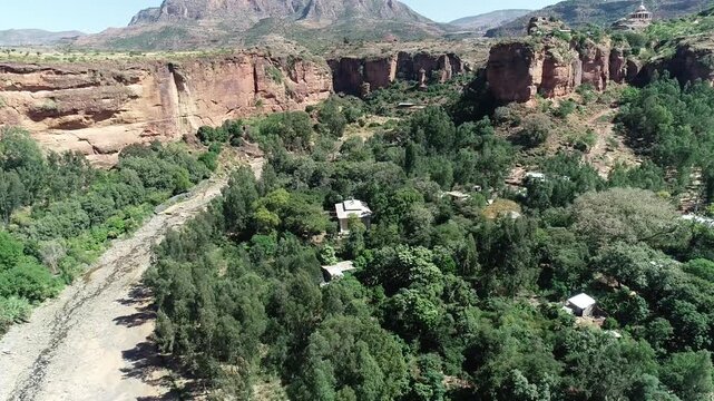 Aerial Drone Forward Motion Over May Lomin Garden and Cliffs, Abyi Adi, Tigray, Ethiopia