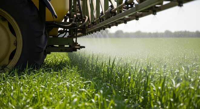 Close Up of Agricultural Tractor Sprayer Applying Liquid Fertilizer or Pesticide to Green Crop Field in Summer, Modern Farming Equipment and Agribusiness Concept