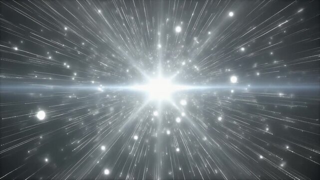 Seamless looping thick silver white beam cinematic shooting outward bright glowing halo floating particles shimmering luminous refined visuals motion gradient glow