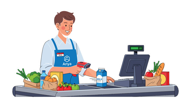 Cashier at Checkout: A smiling cashier efficiently scans groceries at a modern checkout counter, illustrating the efficiency and service in a supermarket setting.