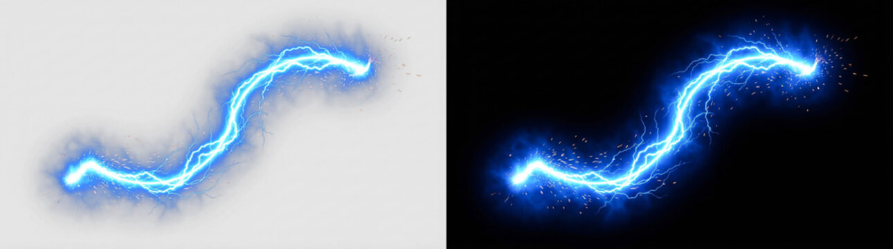 Realistic blue electric lightning bolt, glowing thunderbolt plasma discharge with branching sparks, transparent PNG background, perfect for storm, energy, power, sci-fi, and dynamic VFX design overlay