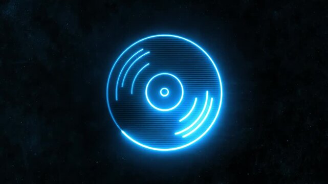 A glowing blue neon light forms a circular design on a dark background with curves and lines.