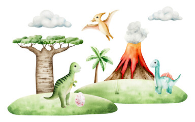 Scene with dinosaurs, volcano eruption, baobab, pterodactyl, dino egg, clouds. Watercolor hand drawn prehistoric triceratops, diplodocus, Spinosaurus, Brachiosaurus animal. Isolated illustration on © Natalia