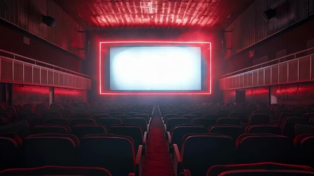 A luxurious cinema auditorium with empty seats and a glowing screen captures the atmosphere of anticipation ahead of a premiere, making it ideal for designing promotional banners for film festivals or