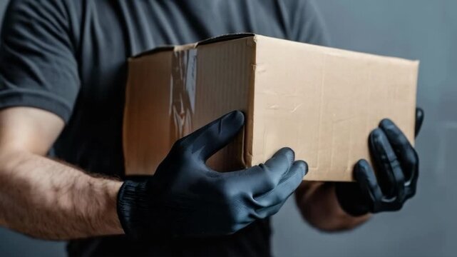 A man wearing gloves is holding a cardboard box, emphasising the importance of hygiene during delivery&mdash;a fitting backdrop for an advertisement for courier services.
