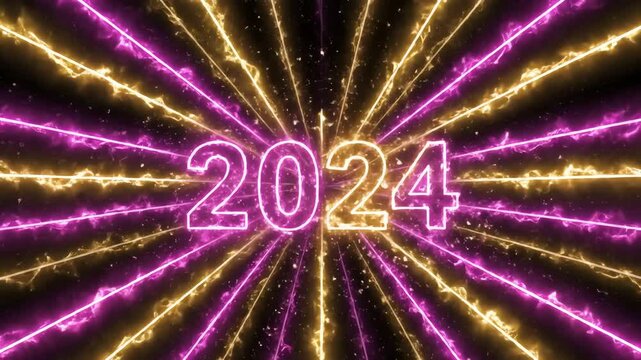 Vibrant purple and gold fireworks explode radiating from the futuristic 2024 text in a dark night sky with streaks of light.