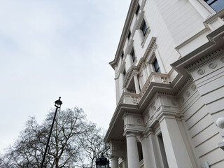 Naklejka premium Elegant white building with ornate columns in London, featuring a street lamp and bare trees