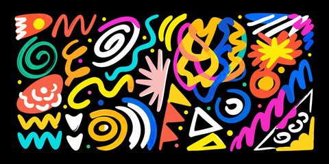 Fototapeta premium Colorful abstract doodles and shapes on a stark black background