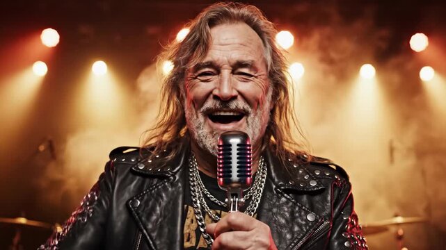 Mature rocker singing into a microphone on stage during a concert. Energetic music performance with light show. Concept of classic metal passion and lifestyle.