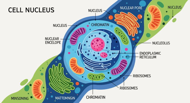 Detailed diagram illustrating the structure and components of a eukaryotic cell nucleus and its surrounding organelles.