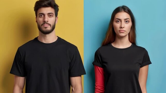 A couple in black T-shirts against a contrasting yellow and blue background would make a perfect main background for fashion catalogues.
