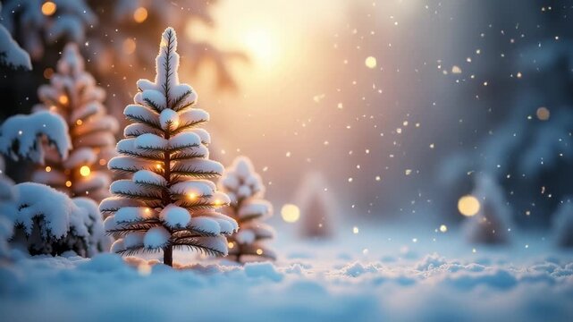 Snowy forest with illuminated pine tree during golden hour. Cinematic landscape of winter woods with glowing lights. Christmas holiday background with snowflake.