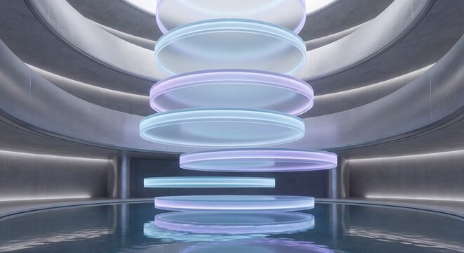 floating luminous circular platforms, stacked, futuristic environment, soft glowing edges, minimal technology scene