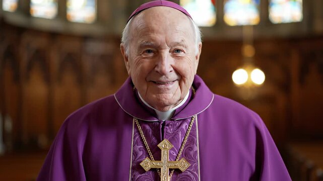 Senior bishop wearing purple vestment and skullcap inside a church. Elderly man as religious leader smiling during ceremony. Spiritual guidance portrait concept.