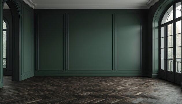 A large empty room with dark green walls and a herringbone patterned floor