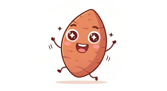 Joyful Sweet Potato Cartoon Character with Big Eyes and Cheerful Expression on White Background.