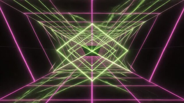 Neon green and pink laser beams intersect in a dark room creating a futuristic tunnel vision with geometric patterns and vibrant illuminated lines.
