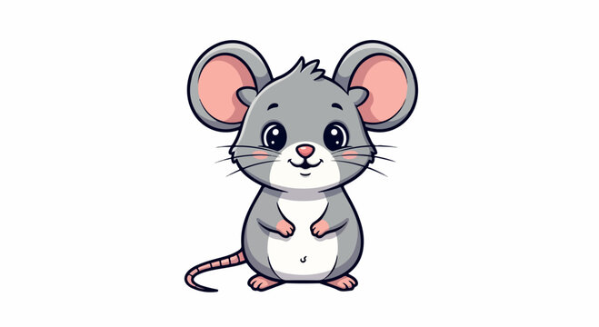 Cartoon illustration of a cute gray mouse with large pink ears standing on its hind legs against a clean white background.