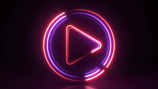 A glowing neon play button icon with purple and red lights on a dark background