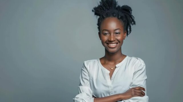 A young woman with a broad smile and a confident posture, wearing a light-coloured blouse, embodies success &mdash; an excellent backdrop for corporate presentations or advertisements for educational progra