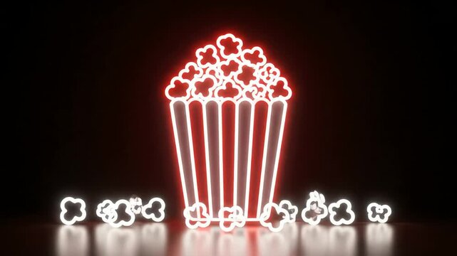 A glowing red neon popcorn bucket filled with popcorn and surrounded by scattered popcorn pieces on a reflective surface against a dark background.