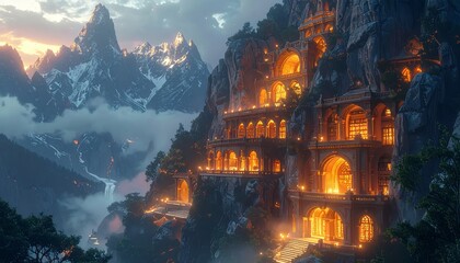 Fototapeta premium Enchanted Mountain Palace Illuminated at Dusk.
