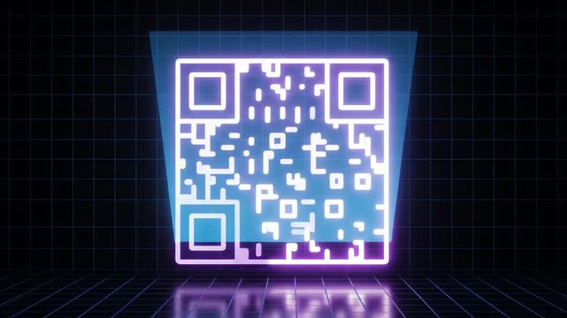 A futuristic QR code glows brightly on a sleek black surface with a grid pattern in a dark room.