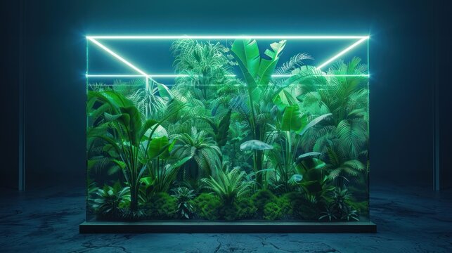 Illuminated cube-shaped aquarium filled with vibrant tropical plants